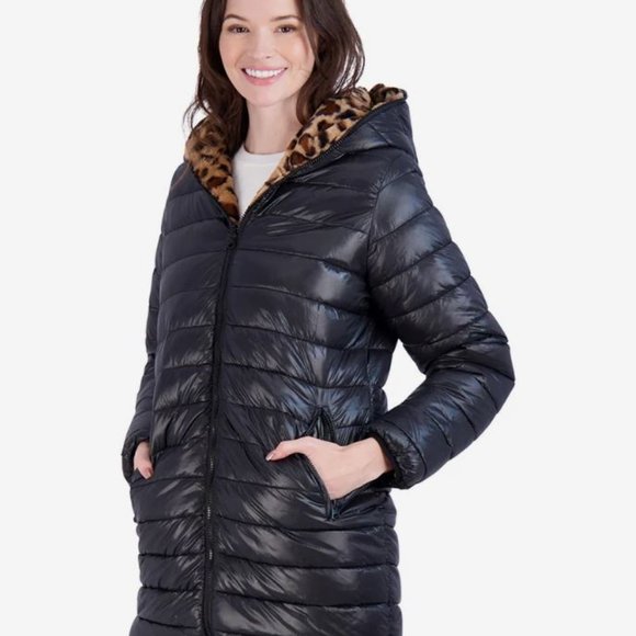 Jessica Simpson Women's Leopard Fur Reversible Puffer - Picture 2 of 6